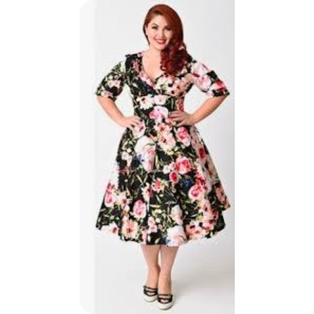 Joe Browns Floral Midi Dress XXL Black Pink Rose Belted Retro Rockabilly New